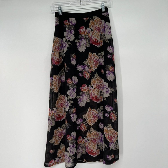 MinkPink Long Skirt Women's Sz XS Black Purple Rose Allover Floral Print Sheer - Picture 2 of 5
